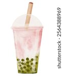 Ice Bubble Matcha Green Tea with tapioca pearls in a clear plastic cup with an straw isolated,Watercolor hand paint boba milk tea,Vector cold drink for summers refreshment.