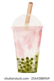 Ice Bubble Matcha Green Tea with tapioca pearls in a clear plastic cup with an straw isolated,Watercolor hand paint boba milk tea,Vector cold drink for summers refreshment.