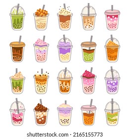 Ice Bubble Tea. Set Of Plastic Cups With Caps And Straw With Refreshing Iced Tea Or Summer Drink Cocktail, Bright Colorful Beverage Isolated On White Background. Vector Illustration