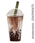 Ice Bubble Tea with tapioca pearls in a clear plastic cup with an straw isolated,Watercolor hand paint boba milk tea,Vector cold drink for summers refreshment