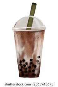 Té de la burbuja de hielo con las perlas de la tapioca en una taza plástica clara con una paja aislada, té de leche de boba de la pintura de la mano de la acuarela, bebida fría del Vector para el refresco de los veranos