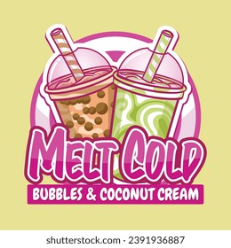 Ice Bubbles Boba and Coconut Cream Logo Design. A street drink logo that is suitable for your drink business made from coconut milk, pudding, nata de coco, etc.