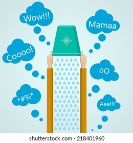 Ice Bucket Challenge emotions. Flat vector illustration. Flat vector illustration of a man pours icy water on the head of blue bucket and clouds with emotion words.