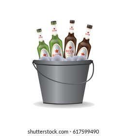 Ice bucket with four bottles of beer vector illustration