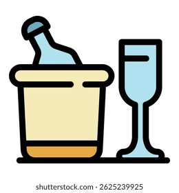 Ice bucket and glass icon. Outline ice bucket and glass vector icon color flat isolated