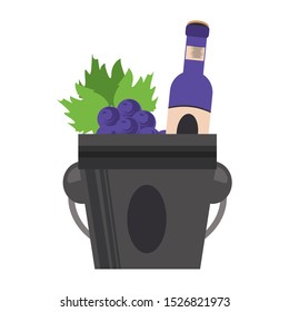 ice bucket with wine bottle and bunch of grapes over white background, vector illustration