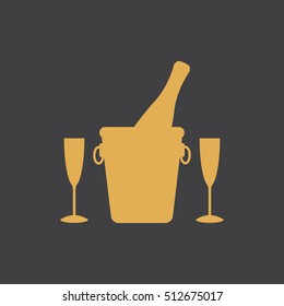 Ice bucket with wine bottle and glasses icon