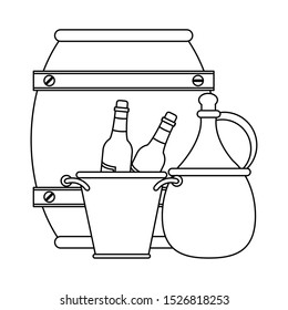 ice bucket with wine bottles and wooden barrel over white background, vector illustration