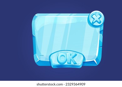 Ice button, frozen frame, level menu in cartoon style isolated on white background. Glass shiny panel, game ui element. 