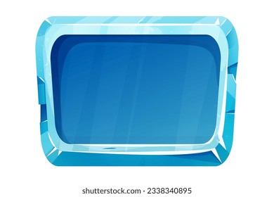 Botón de hielo, marco congelado, menú de nivel en forma de caricatura aislado en fondo blanco. Panel brillante de vidrio, elemento ui del juego. 