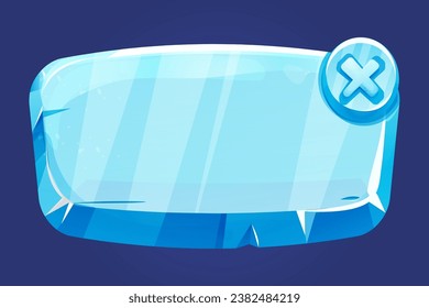 Ice button, frozen frame, level menu in cartoon style isolated on white background. Glass shiny panel, game ui element. 