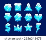 Ice buttons set. Cartoon blue crystal shapes with snow caps and icicles, vector assets for winter game or web design. Isolated frozen assets, textured gui items.