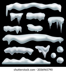 Ice cap. Snow caps with shadow, snowdrifts, snowballs and icicles, frozen roof effect. Winter season christmas and new year realistic 3d isolated on black background decor vector set