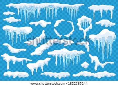 Ice caps icicles snowballs realistic white blue winter snowy elements set light transparent background vector illustration 