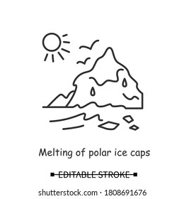 Ice caps melting icon. Polar iceberg with sun linear pictogram. Concept of human impact on North pole glaciers, climate change and sea level rising. Editable stroke vector illustration