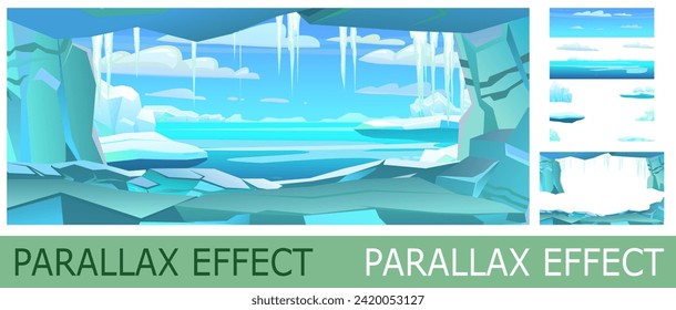 Ice cave. Arctic and Antarctica. Set of slides for parallax effect. Funny cartoon style. Picture vector