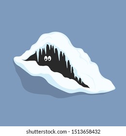 Ice cave in cartoon style. Winter scenery in isometric view. Frozen hole with animal. Game asset. Vector illustration