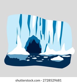 Geleira de caverna de gelo em ilustração plana para o tema de exploração ártica. Ideal para visuais de aventura, educação climática, conceitos de viagem e narrativa da natureza.