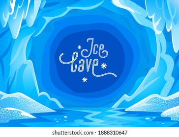 Ice cave landscape. Blue snowy winter background - Panoramic landscape with frozen icy cavern. Vector illustration in flat cartoon style