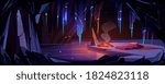 Ice cave in mountain with campfire and sleeping bag, tourist overnight place in grotto with frozen lake and hanging icicles inside. Empty cavern with crystal stalactites. Cartoon vector illustration