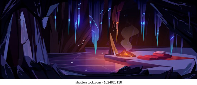 Ice Cave In Mountain With Campfire And Sleeping Bag, Tourist Overnight Place In Grotto With Frozen Lake And Hanging Icicles Inside. Empty Cavern With Crystal Stalactites. Cartoon Vector Illustration