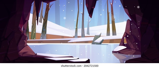 Ice Cave In Mountain View On Frozen Forest Pond, Lake Or River. Empty Cavern, Nature Landscape With Stalactites And Rocks Inside. Fantasy Game Background, Wintertime Scene, Cartoon Vector Illustration