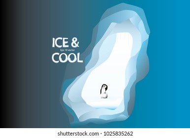The ice cave and penguin with ice and cool text graphic design to craft digital paper style, Ice cave and penguin in the pole, Eps 10 vector