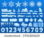 Ice chunks, big icebergs, severe frost and snow, set elements for design, beautiful snowflakes cartoon style, vector illustration.