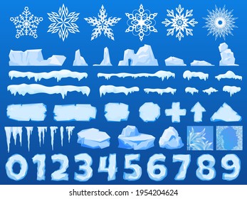 Ice chunks, big icebergs, severe frost and snow, set elements for design, beautiful snowflakes cartoon style, vector illustration.