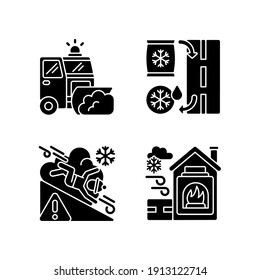 Ice clearing services black glyph icons set on white space. Clearing roads from ice. Avalanche warning sign near mountains. Warming center for people. Silhouette symbols. Vector isolated illustration