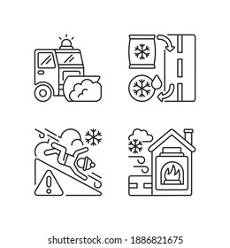 Ice clearing services linear icons set. Clearing roads from ice. Avalanche warning sign near mountains. Customizable thin line contour symbols. Isolated vector outline illustrations. Editable stroke