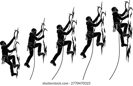 Ice climber silhouette progress sequence, male athlete climbing frozen mountain wall with tools, crampons and gear on white background