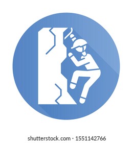 Ice climbing blue flat design long shadow glyph icon. Winter extreme sport, risky activity and adventure. Cold season outdoor leisure, dangerous hobby. Mountaineering. Vector silhouette illustration