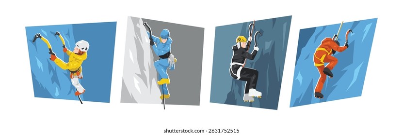 Ice climbing. Female athlete characters. Winter sport, extreme, outdoor. Flat vector illustration.