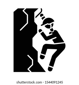 Ice climbing glyph icon. Silhouette symbol. Winter extreme sport, risky activity and adventure. Cold season outdoor leisure, dangerous hobby. Negative space. Vector isolated illustration