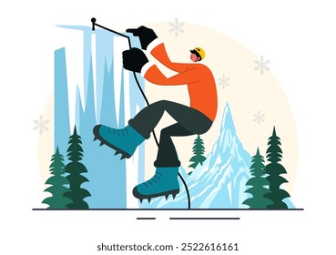 Ice Climbing Vector Illustration featuring a Climber Scaling an Ice Wall using Axes and Wearing Crampons with a Scenic Mountain backdrop Background