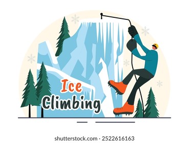 Ilustración vectorial de escalada en hielo con un escalador escalando una pared de hielo usando hachas y usando crampones con un fondo escénico de la montaña