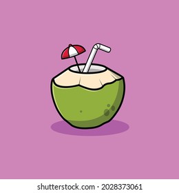 Ice Coconut With Straw Vector Icon Illustration. Summer Food And Drink. Holiday Icon Concept White Isolated. Flat Cartoon Style Suitable for Web Landing Page, Banner, Flyer, Sticker, Card