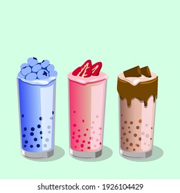 Ice coctails with chocolate, strawberry, blueberry and crunches
