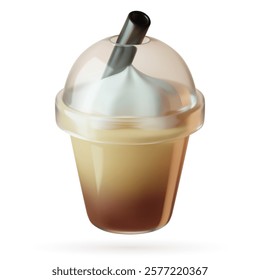 Ice coffee 3d icon with a straw. Cute minimal plastic cup to go with cold latte. Three dimensional realistic vector illustration.