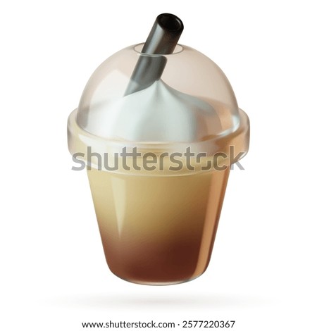 Ice coffee 3d icon with a straw. Cute minimal plastic cup to go with cold latte. Three dimensional realistic vector illustration.