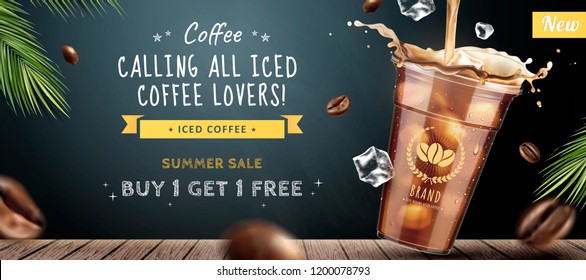 Ice coffee banner ads with takeaway cup coffee on blackboard background in 3d illustration