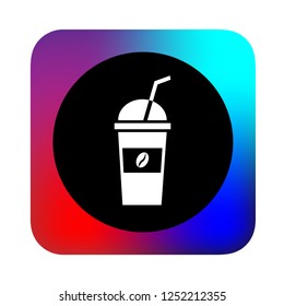 ice coffee, cafe icon, with abstract background, black round and white icon, modern concept, colored background, glyph icon