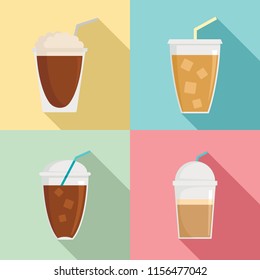 Ice coffee cream cold brew cup icons set. Flat illustration of 4 Ice coffee cream cold brew cup vector icons for web