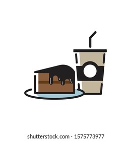 Ice coffee cup and chocolate cake, Flat minimal design on white background, Vector illustration