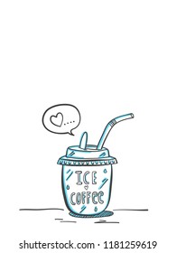 Ice coffee cup doodle is drawn by hand with copy space. Vector illustartion.