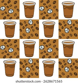 Ice coffee cup illustration of seamless pattern that contains a cup of ice coffee, beans, ice cube. It's for backgrounds, wallpaper, wrapping paper and other printing needs. It's vector file