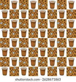 Ice coffee cup illustration of seamless pattern repeated that contains a cup of ice coffee, beans, ice cube. It's for backgrounds, wallpaper, wrapping paper and other printing needs. It's vector file
