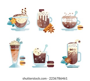 Ice Coffee Drink Mixed with Spice and Milky Cream Poured in Glass Vector Set