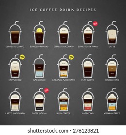 Ice Coffee Drinks Recipes Icons Set. Vector And Illustration.